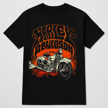 Biker Designed T-shirt black tee with Harley Davidson orange motorcycle graphic on Tampa Home & Garden Store