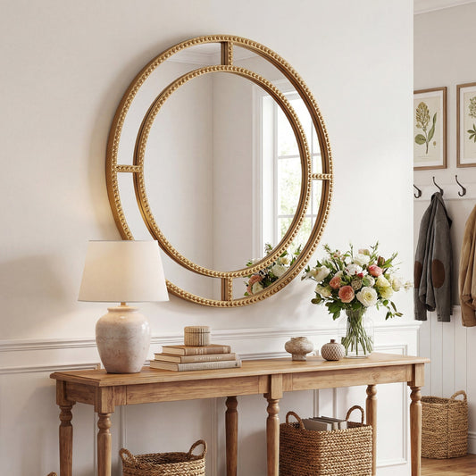 28 Inch Gold Round Wall Mirror with Beaded Frame for Living Room Entryway-Golden - Tampa Home & Garden Store