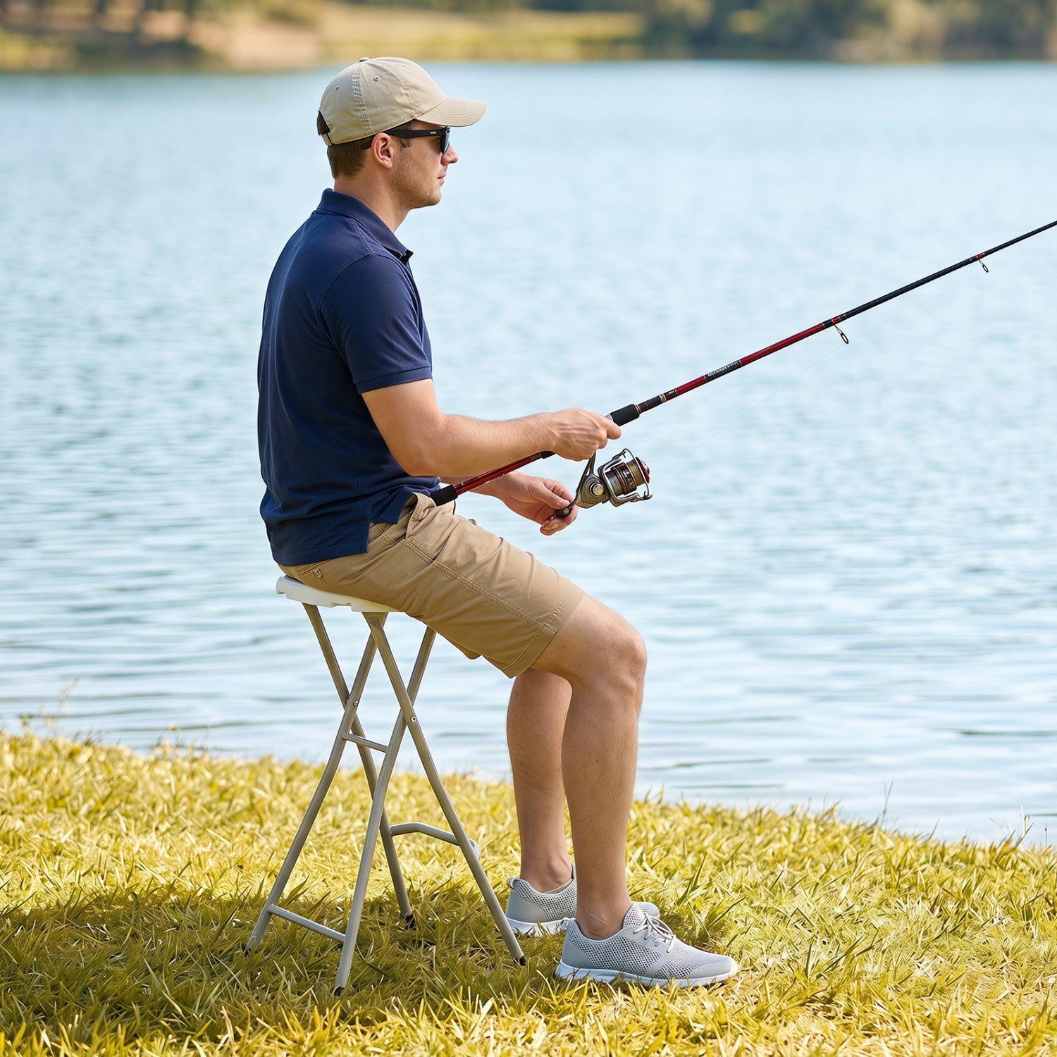 Folding patio dining chair set of 2 with gray metal frame and 28in height, man fishing by lake on Tampa Home & Garden Store