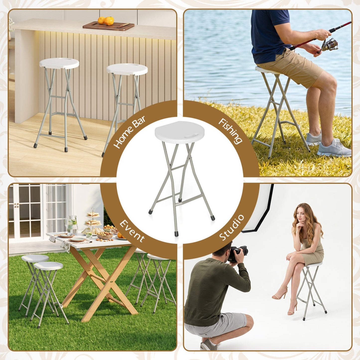 Folding Patio Dining Chairs 28in set of 2, white seats gray frames, 330 lbs DirectDeals on Tampa Home & Garden Store