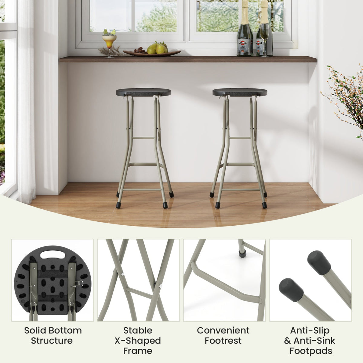 Portable folding stool 28 inch, 2-pack, DirectDeals, gray frame & black seat, 330 lb capacity on Tampa Home & Garden Store