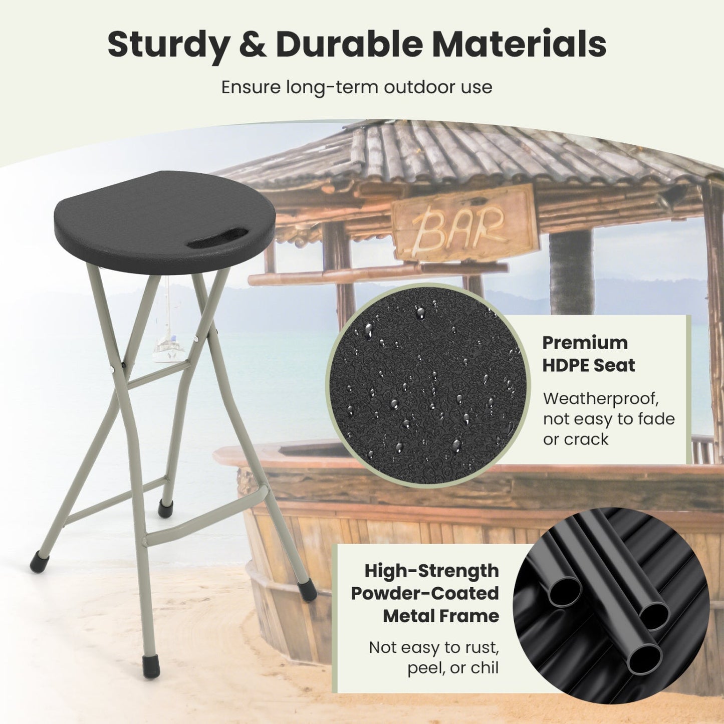 Portable Folding Stool 28in 330 lb capacity, black HDPE seat, powder-coated frame (2 pack) on Tampa Home & Garden Store