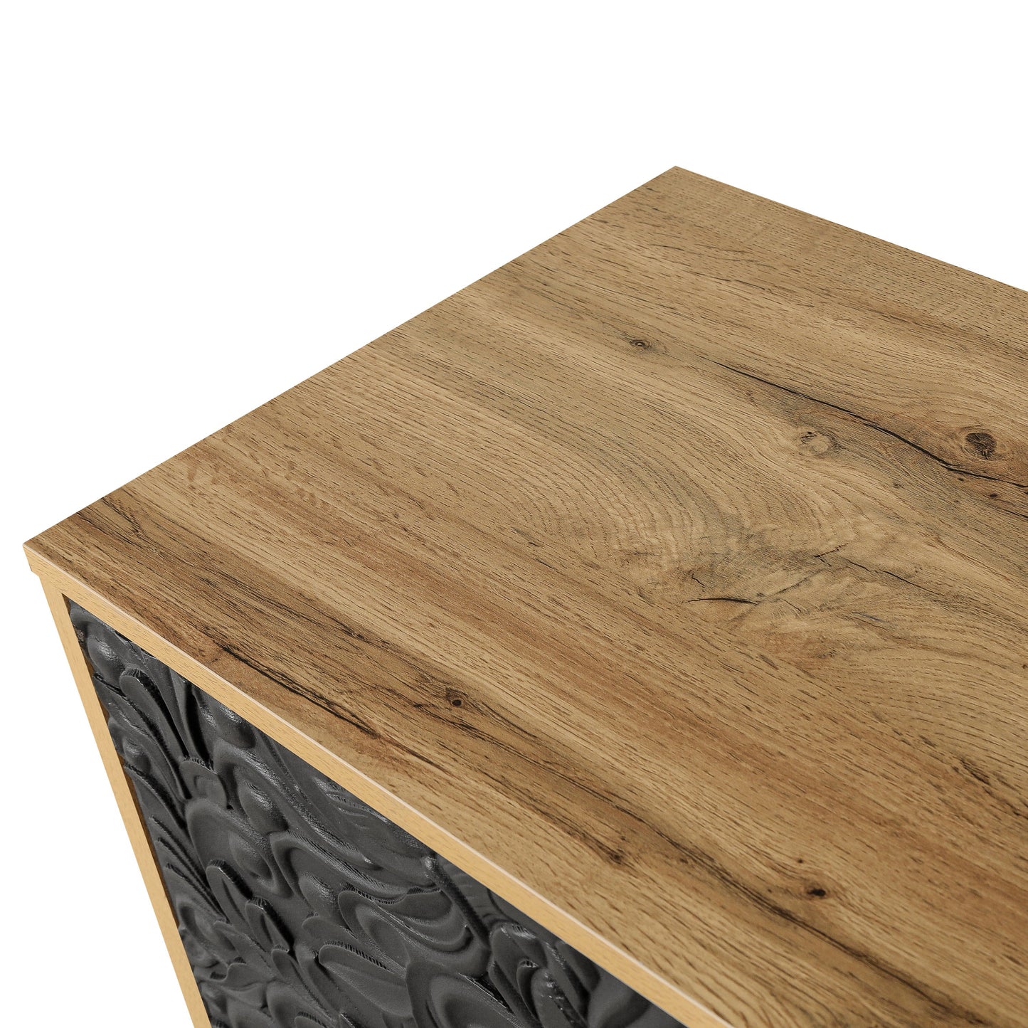 TV stand with light wood finish and black carved panel on the side oak grain visible on Tampa Home & Garden Store