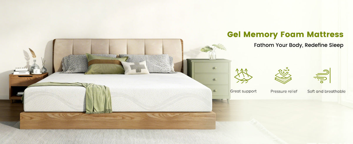 Queen size memory foam mattress, HouseOfZazla, 10-inch cooling gel mattress on platform bed on Tampa Home & Garden Store