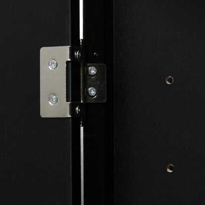 Triangle bathroom storage cabinet hinge close-up on black linen cabinet by HouseOfZazla on Tampa Home & Garden Store