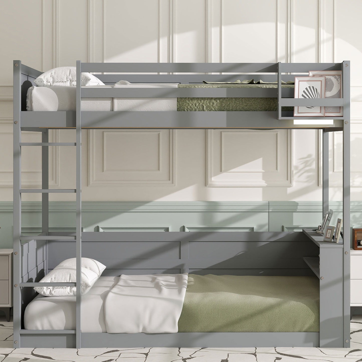 Bunk bed with built-in shelves and side storage box in gray by HouseOfZazla on Tampa Home & Garden Store