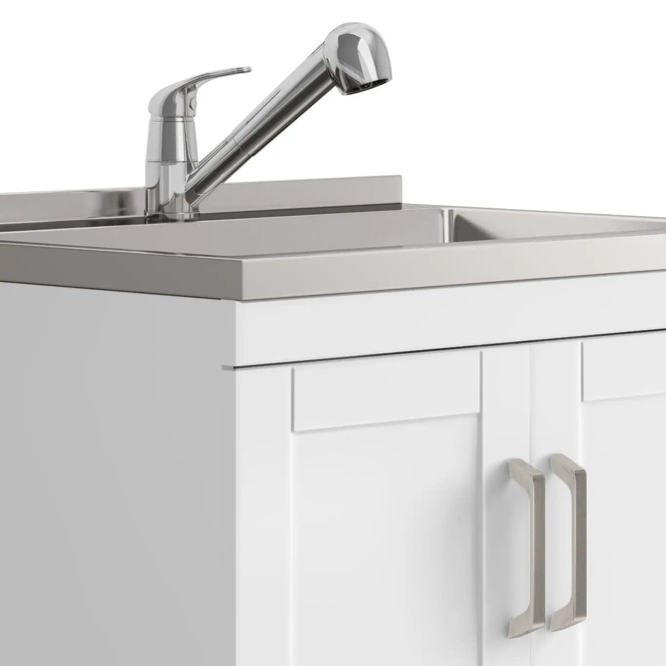 Kyle laundry cabinet vanity with stainless steel sink and chrome faucet on white cabinet on Tampa Home & Garden Store