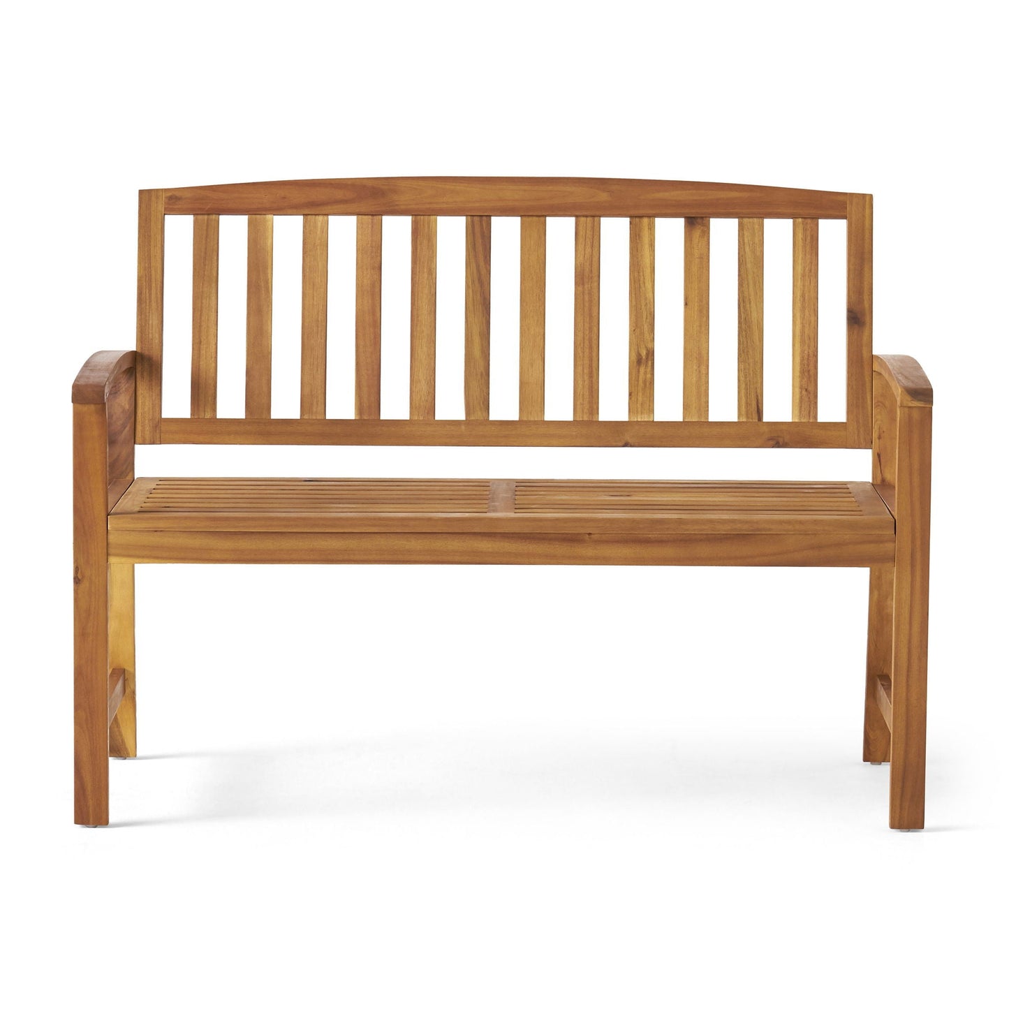 Farmhouse Style Loja Bench Outdoor in warm wood finish with slatted back and armrests on Tampa Home & Garden Store