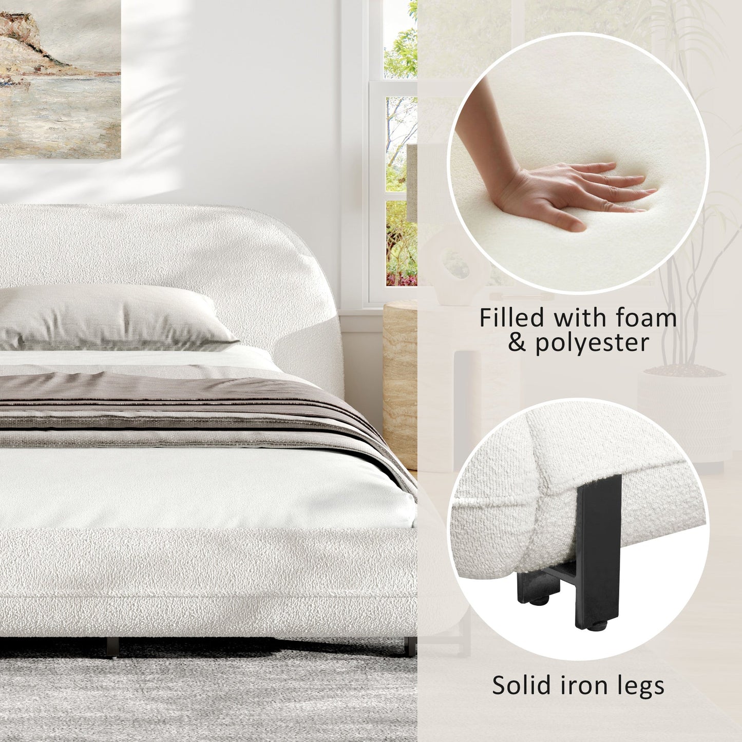 Plush Boucle King Bed Frame with Thick Headboard