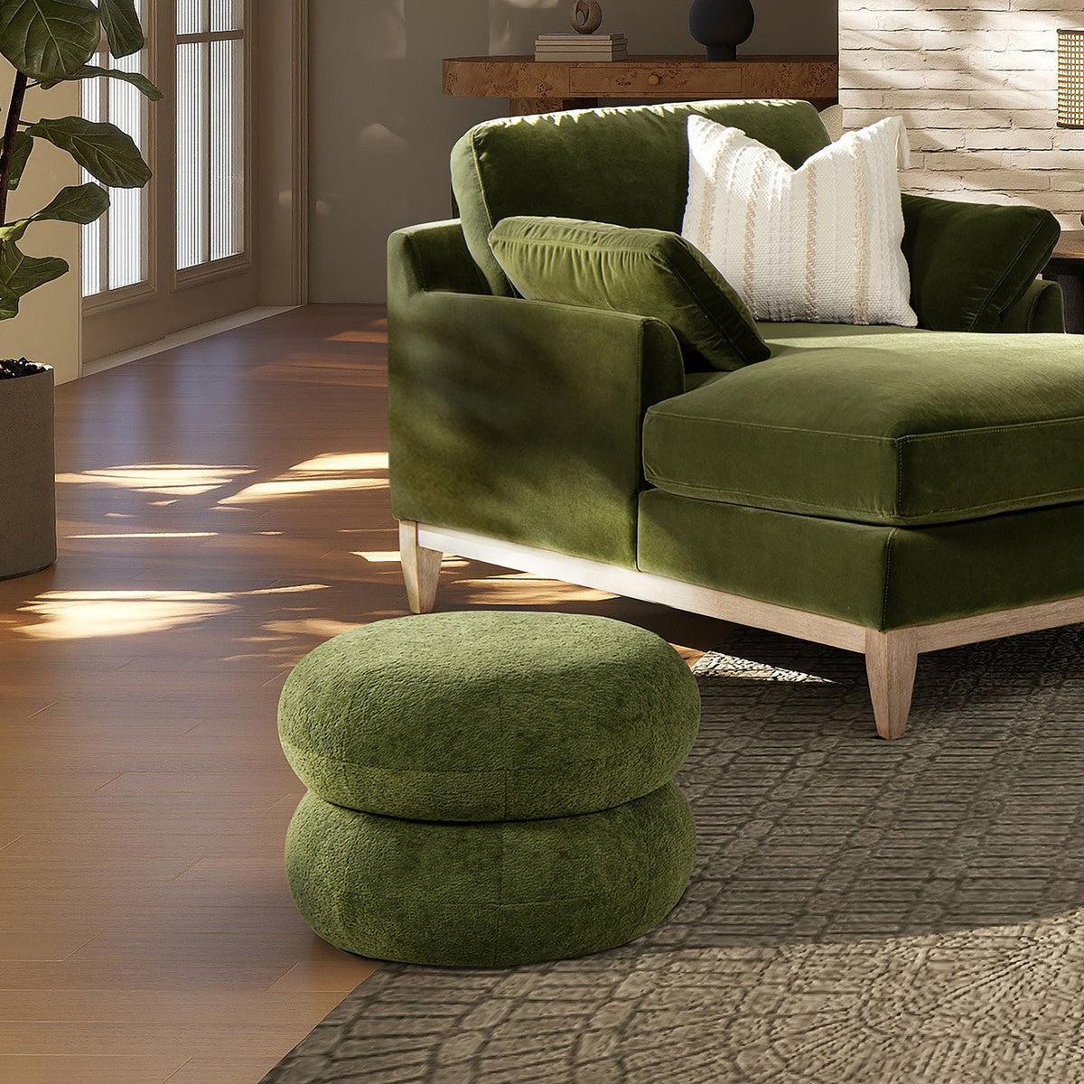 Dark green velvet low round ottoman with stacked pouf design by HouseOfZazla on Tampa Home & Garden Store