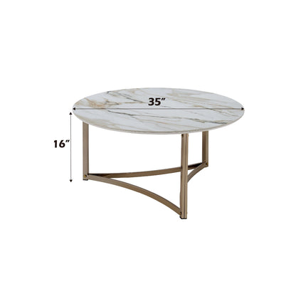 Sintered stone top round coffee table with gold metal base, white marble finish, 35 in diameter on Tampa Home & Garden Store
