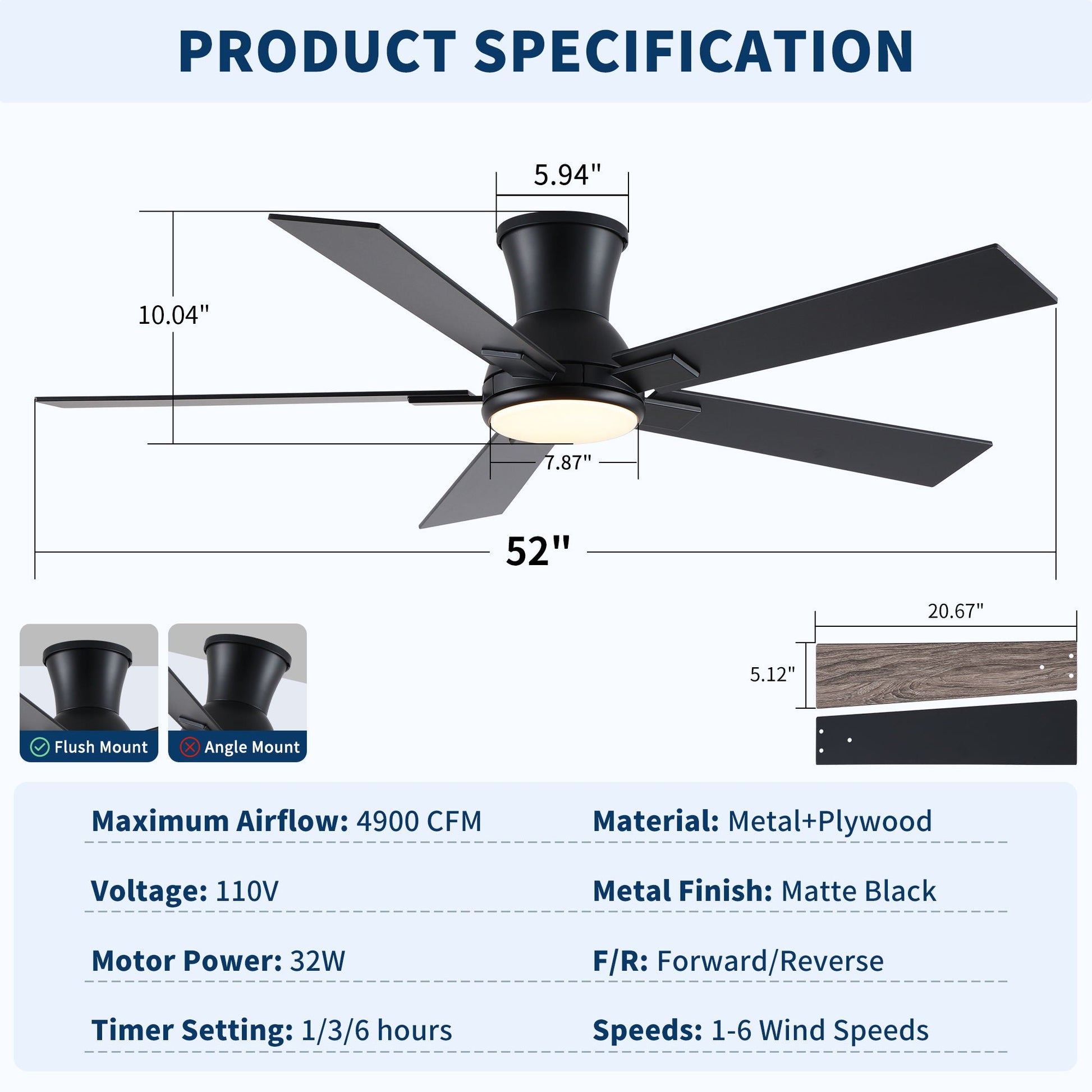 HouseOfZazla flush mount LED ceiling fan with light black matte 5 blades on Tampa Home & Garden Store