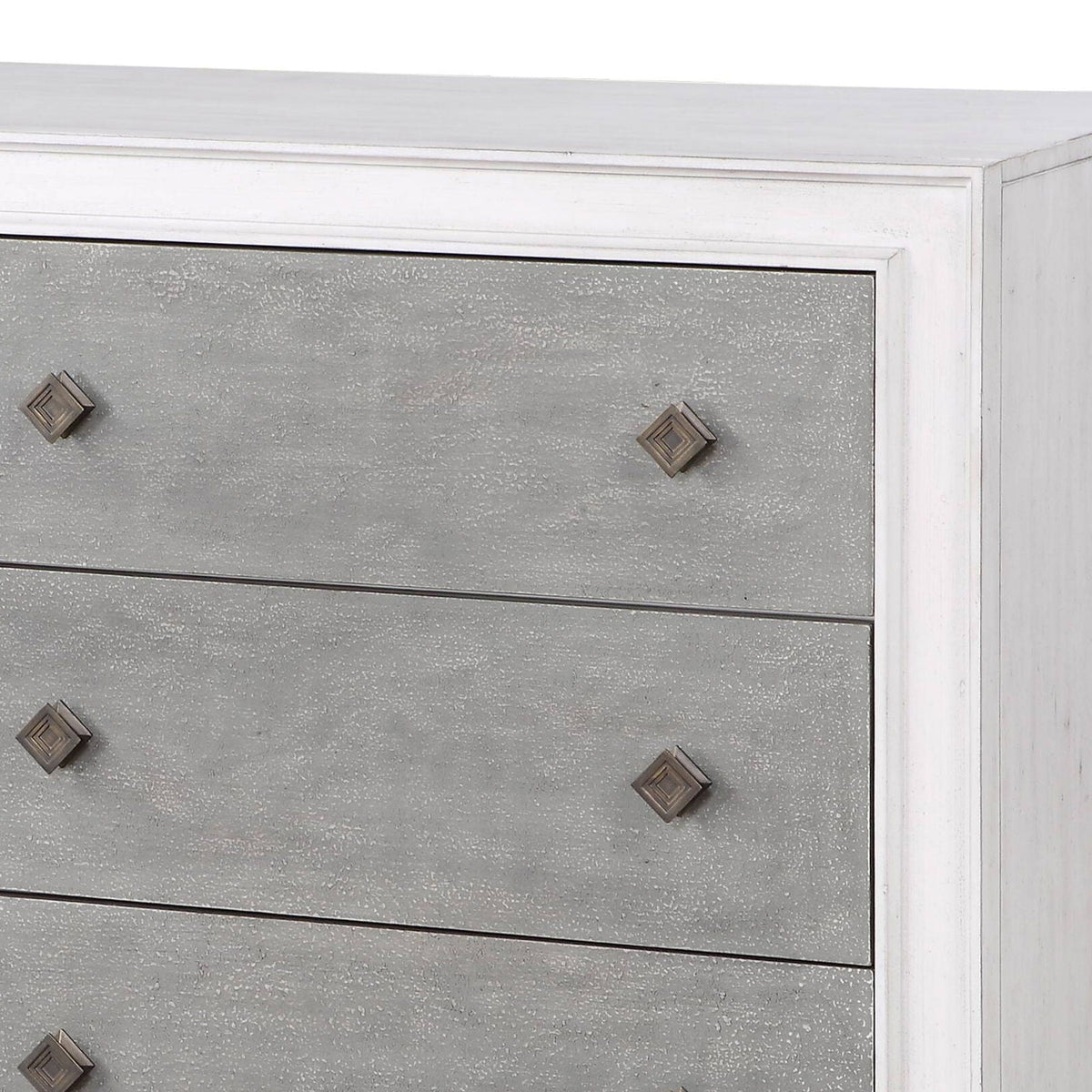 Katia Weathered Dresser with White frame and gray drawer fronts, full-extension drawers on Tampa Home & Garden Store