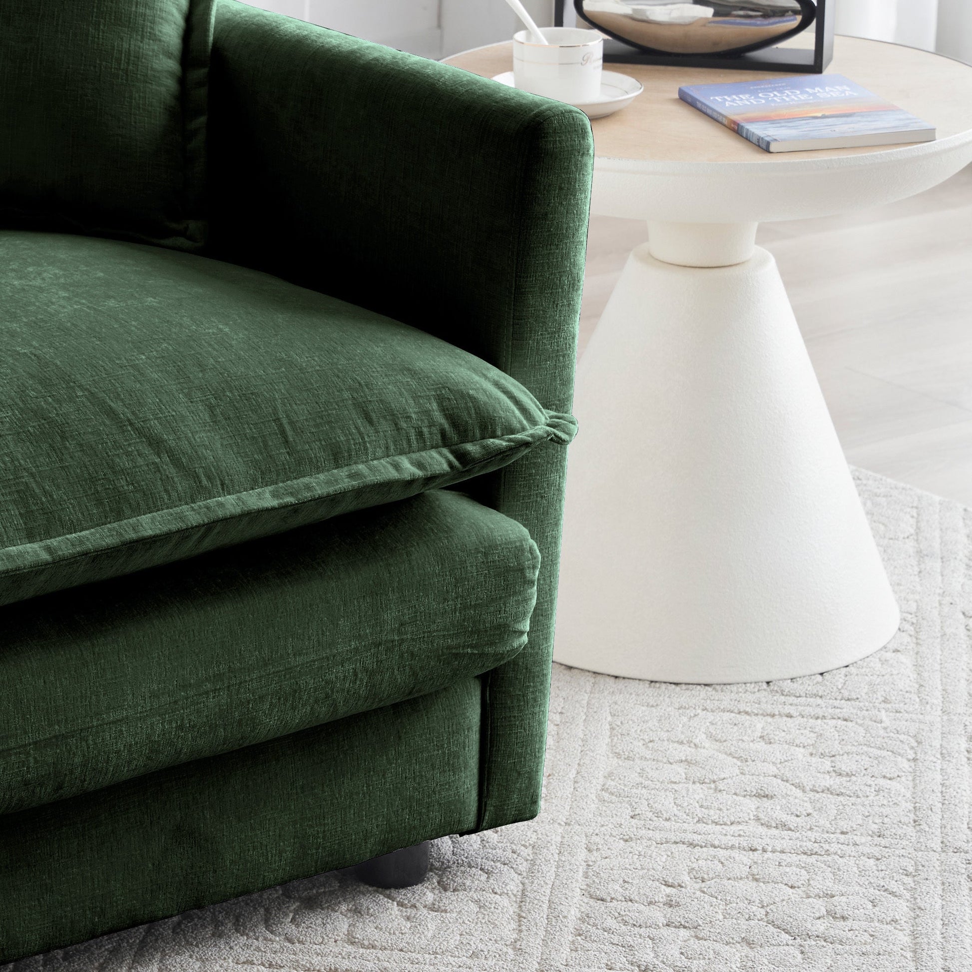 Green velvet modern fabric loveseat with white pedestal side table on Tampa Home & Garden Store