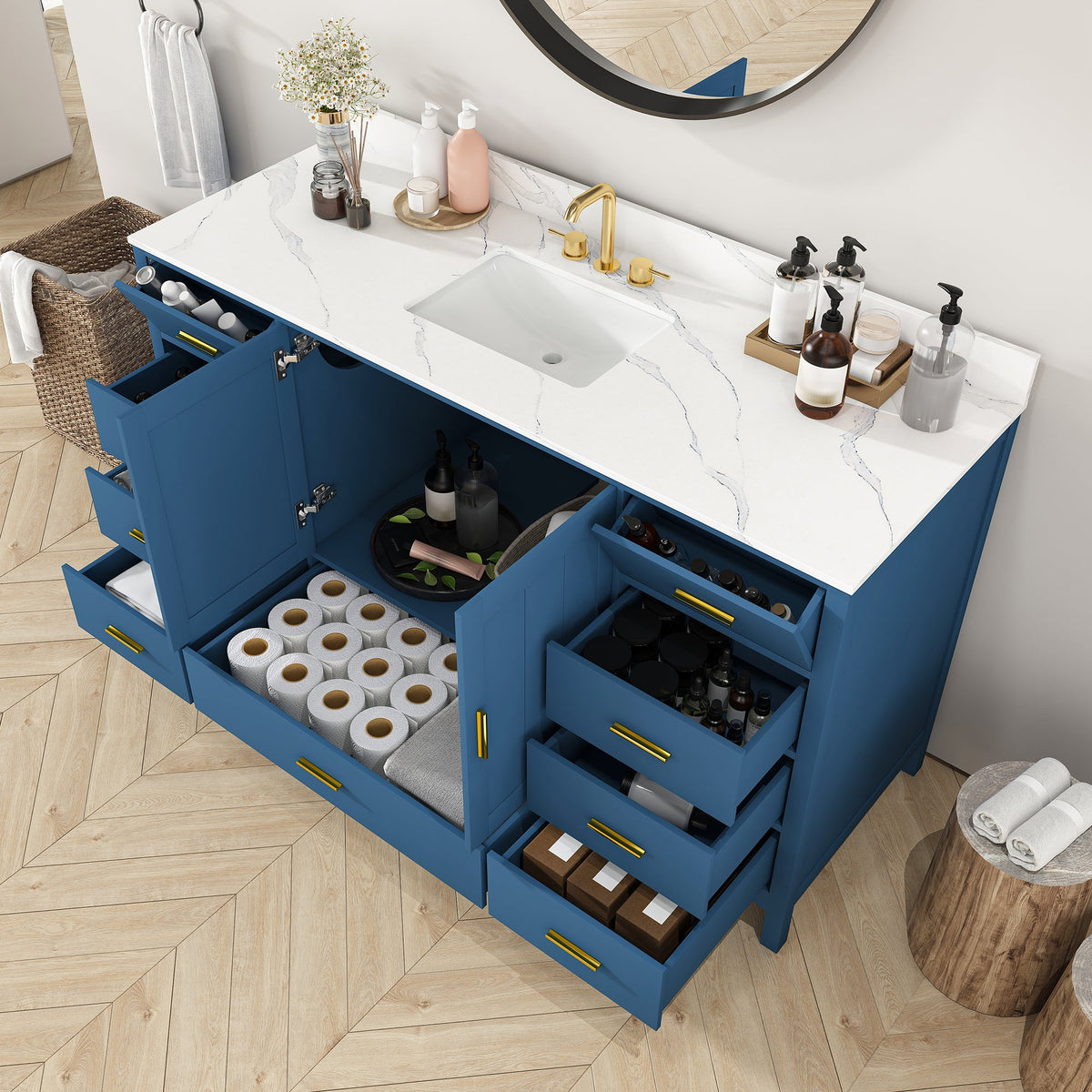 60in solid wood bathroom vanity by HouseOfZazla with Carrara sink blue finish gold hardware on Tampa Home & Garden Store