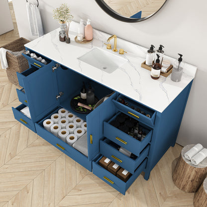 60in solid wood bathroom vanity by HouseOfZazla with Carrara sink blue finish gold hardware on Tampa Home & Garden Store