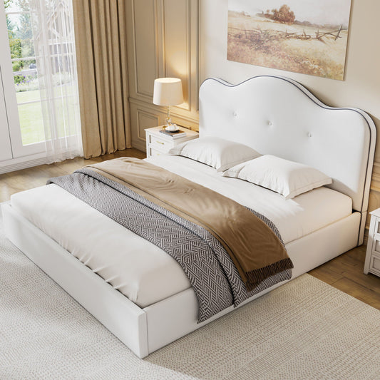 Upholstered platform bed with curved white headboard, twin beds in neutral beige bedding on Tampa Home & Garden Store