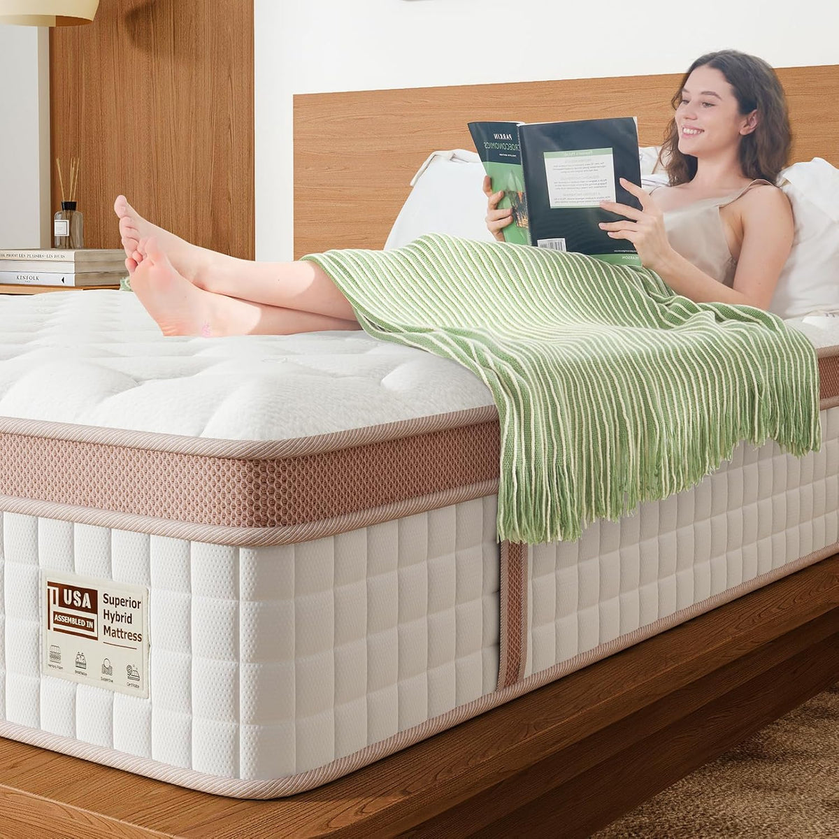 14 Inch Firm Hybrid Mattress Queen white quilted top beige border HouseOfZazla on Tampa Home & Garden Store