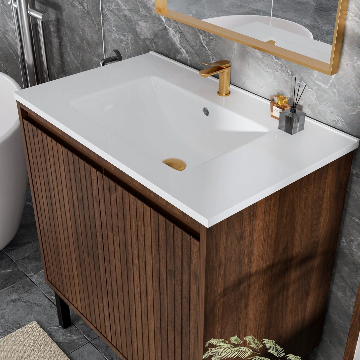 Vanity with ceramic sink, white top, brass faucet, floor-standing wood cabinet with slats on Tampa Home & Garden Store