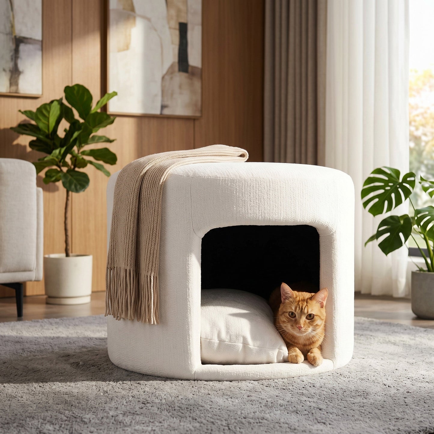Beige pet-friendly ottoman with hidden storage nook and draped knit blanket on Tampa Home & Garden Store