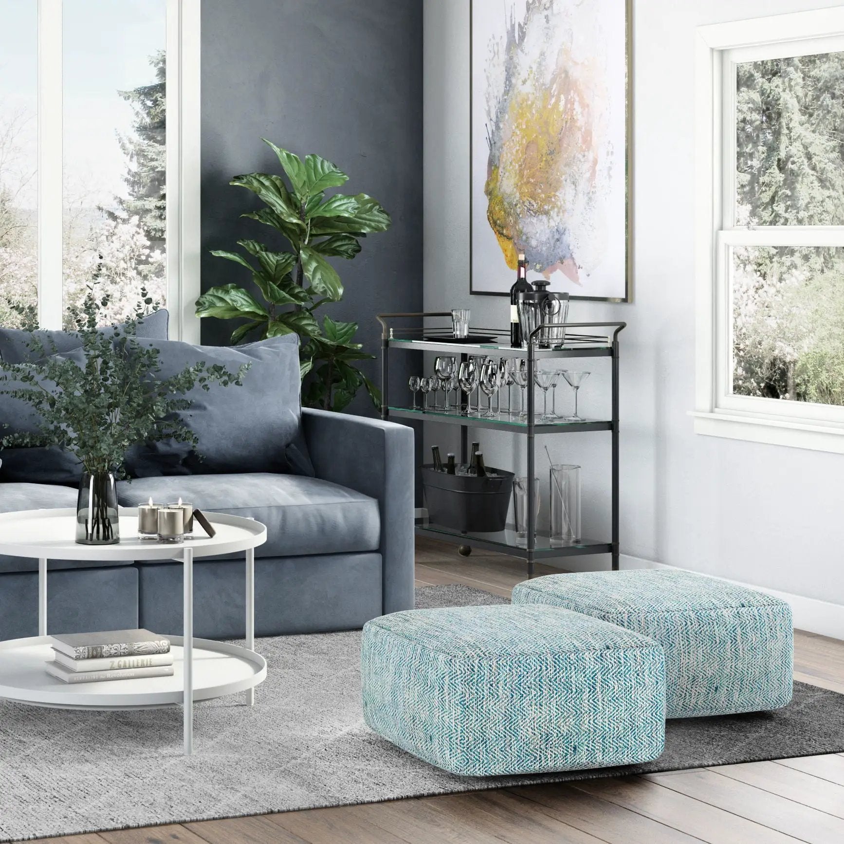 Nate Handcrafted Square Poufs by Unique Piece Furniture, blue textured accent poufs, set of 2 on Tampa Home & Garden Store
