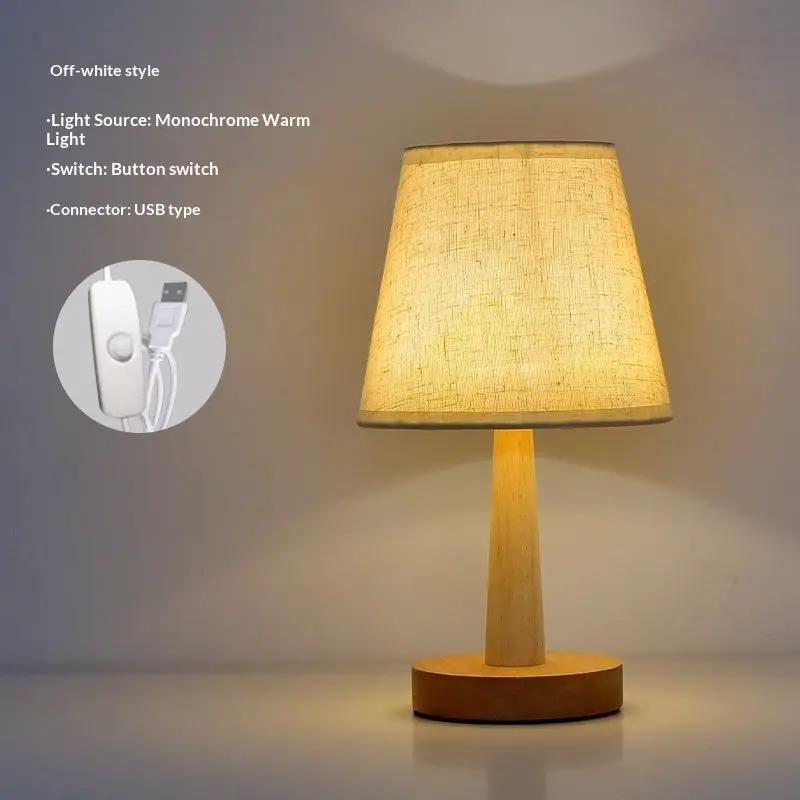 Solid wood LED bedside lamp with beige fabric shade, dimmable via remote, USB-ready base on Tampa Home & Garden Store