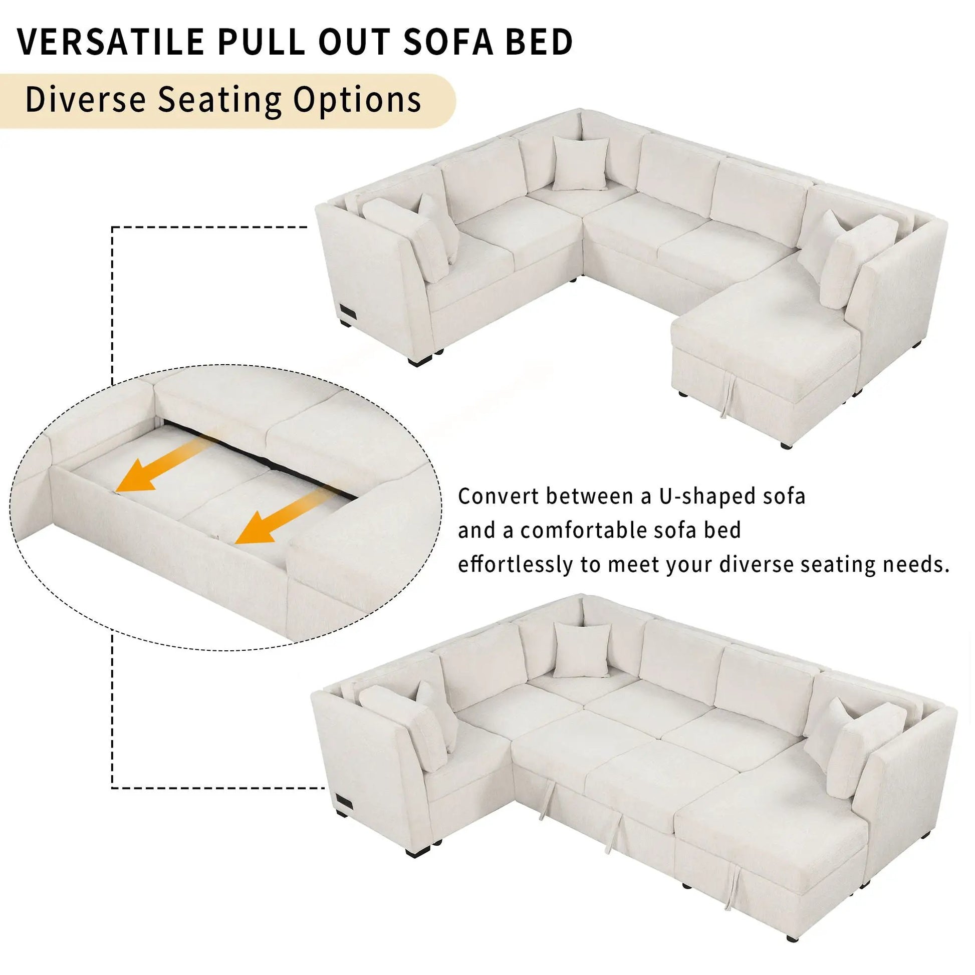 U-shaped sleeper sectional with cream fabric and storage chaise by Unique Piece Furniture on Tampa Home & Garden Store