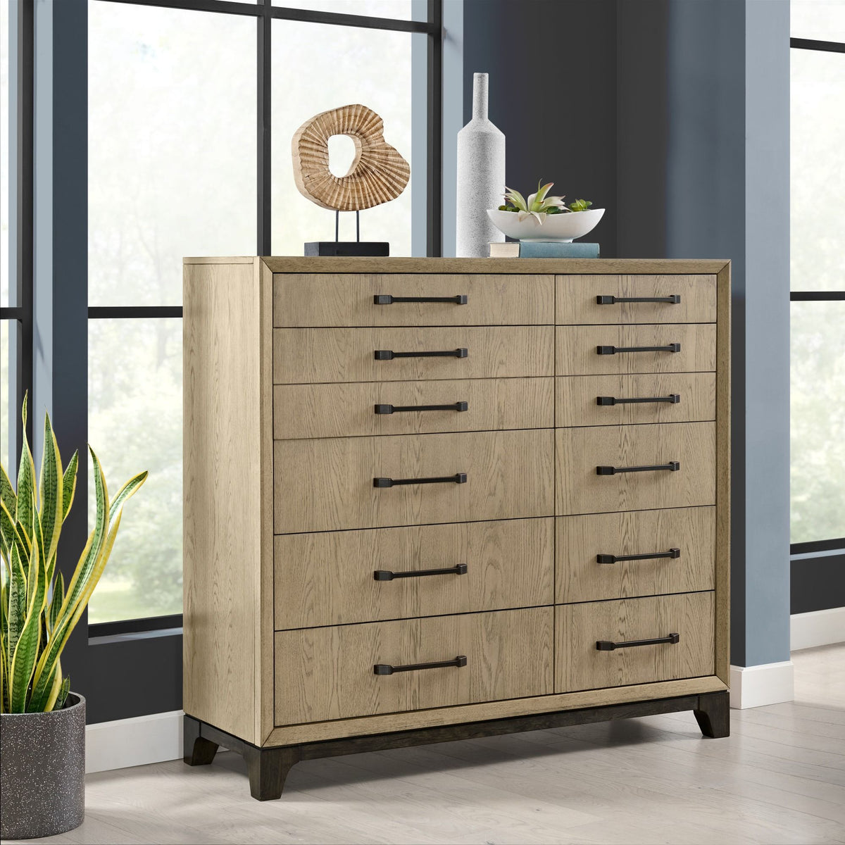 HouseOfZazla Master Chest 10-drawer dresser in brown oak with felt-lined top drawer on Tampa Home & Garden Store