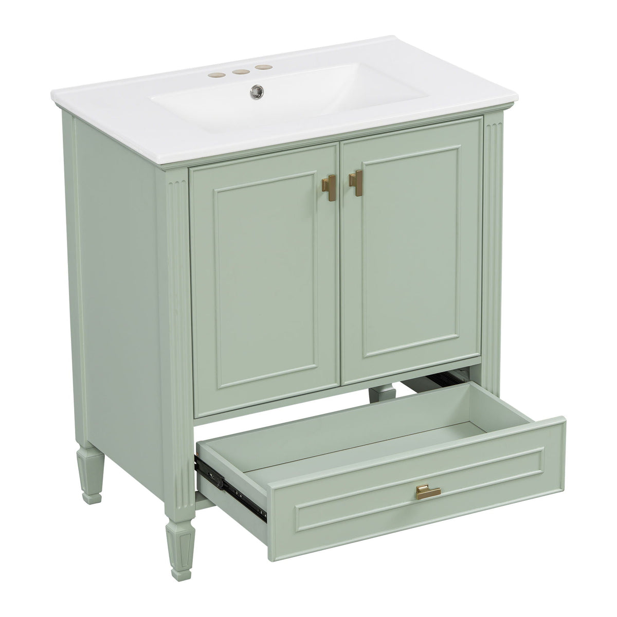 Freestanding vanity with drawer and soft-close doors in green with white top on Tampa Home & Garden Store