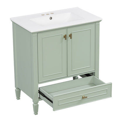 Freestanding vanity with drawer and soft-close doors in green with white top on Tampa Home & Garden Store