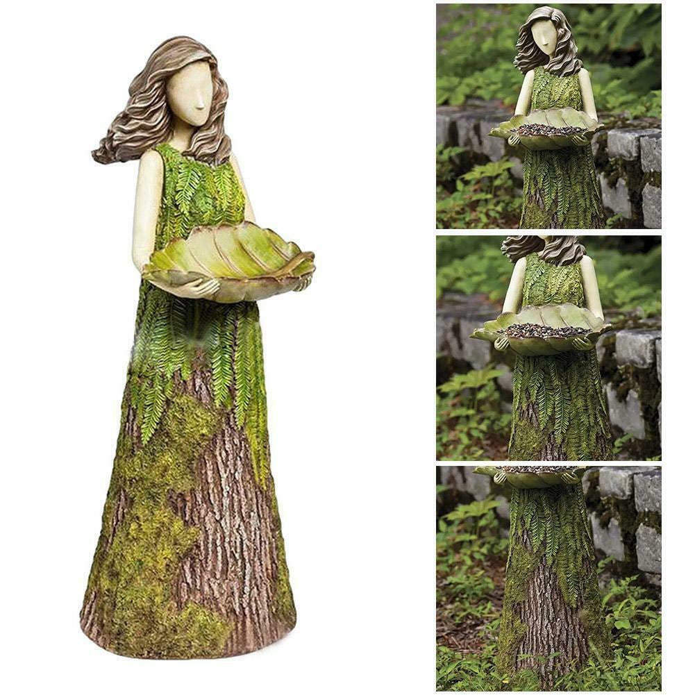 Bird feeder statue moss-green dress holding leaf tray, garden decor by Sell My Stuff on Tampa Home & Garden Store