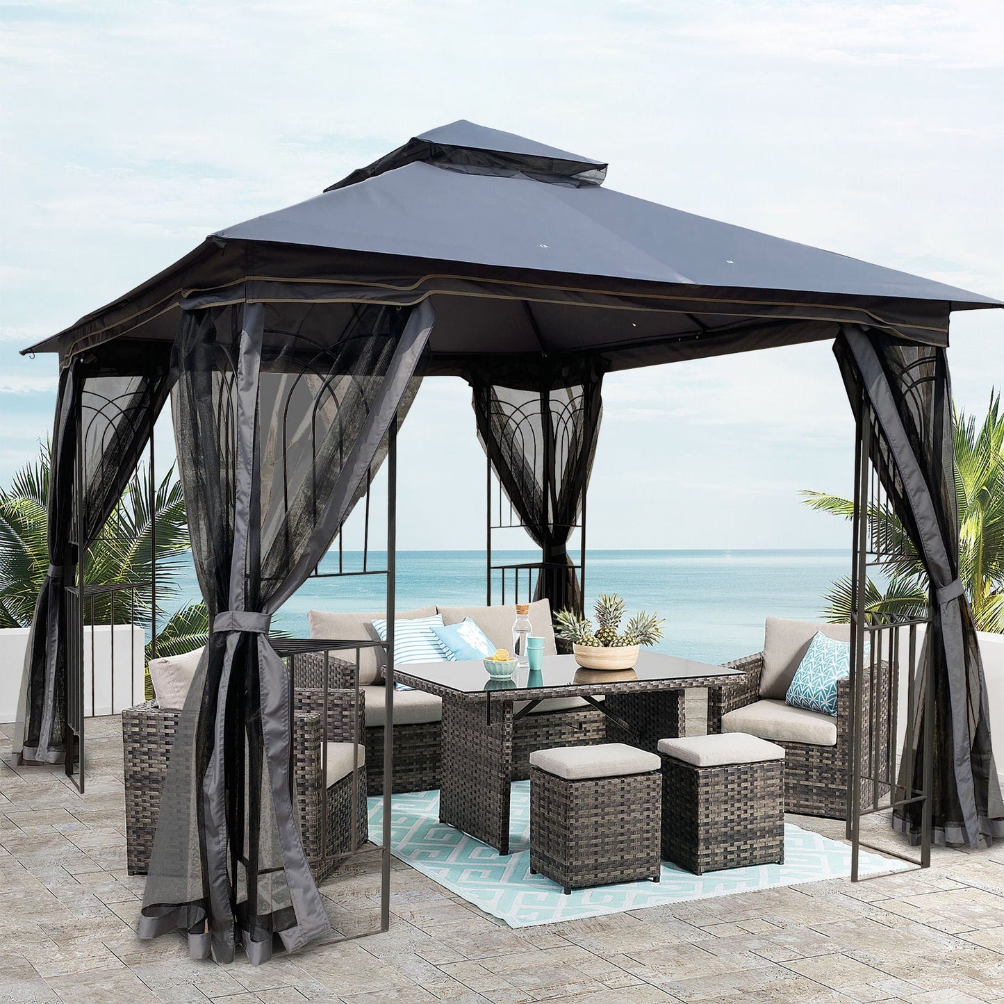 Patio gazebo tent by HouseOfZazla in gray fabric with ventilated double roof and mosquito net on Tampa Home & Garden Store