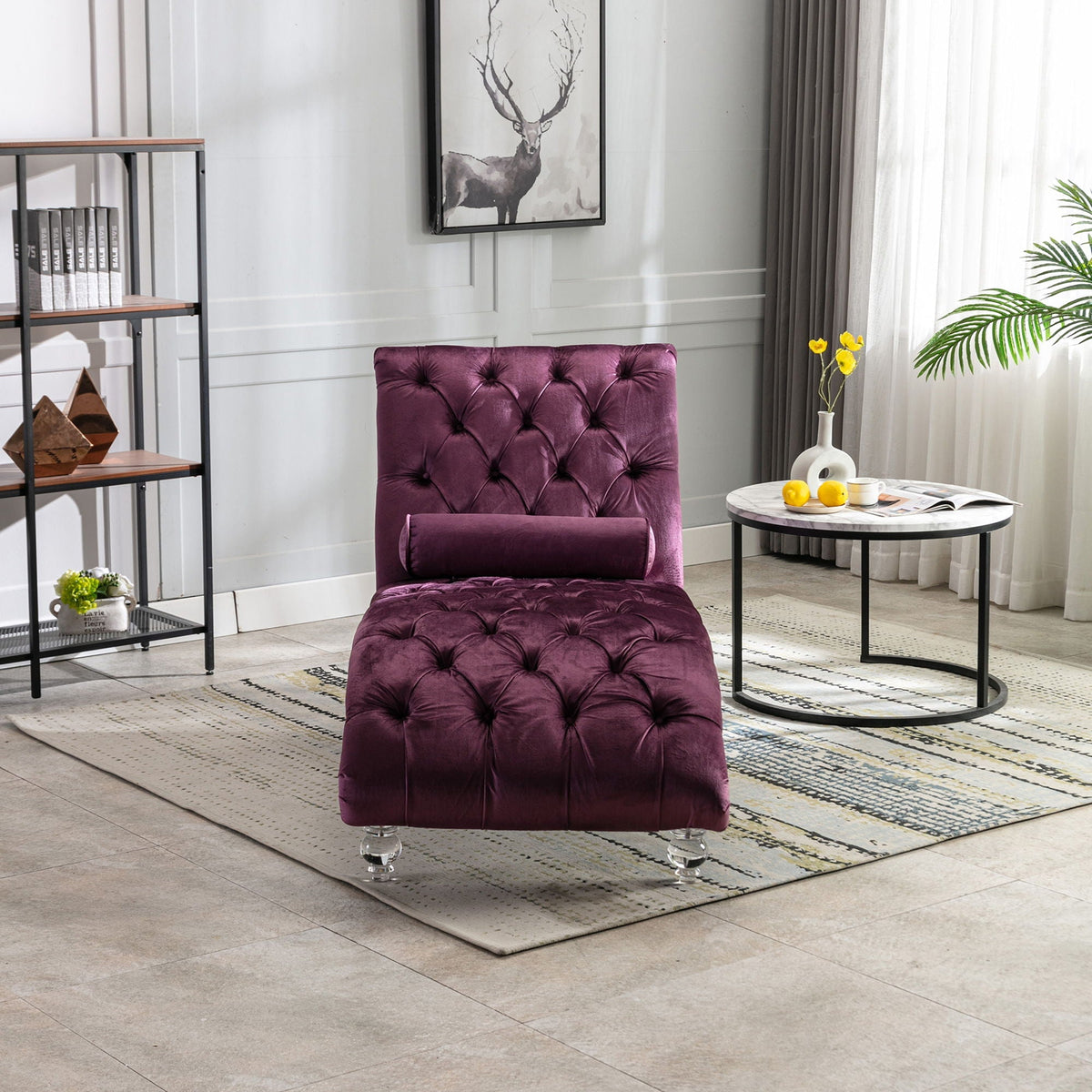 Velvet button-tufted chaise lounge with pillow in purple, chrome legs on Tampa Home & Garden Store