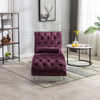 Velvet button-tufted chaise lounge with pillow in purple, chrome legs on Tampa Home & Garden Store