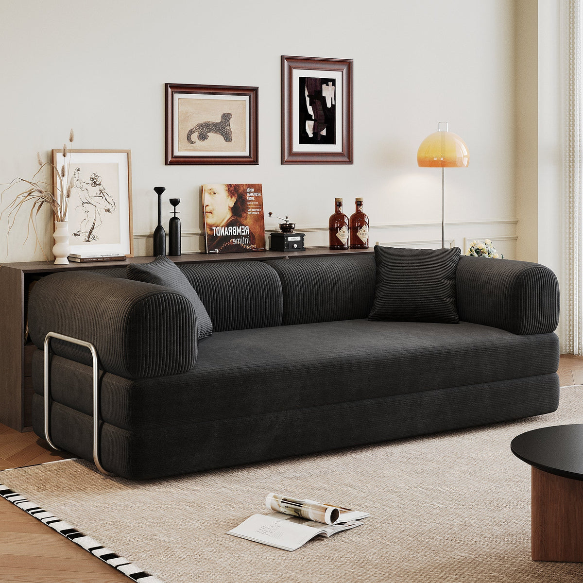 78.8' Compression Sofa by HouseOfZazla in black corduroy with pillow-back, stationary modular sofa on Tampa Home & Garden Store