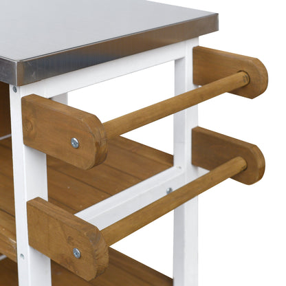 Foldable outdoor kitchen island with stainless steel top, white frame, brown wood slats on Tampa Home & Garden Store
