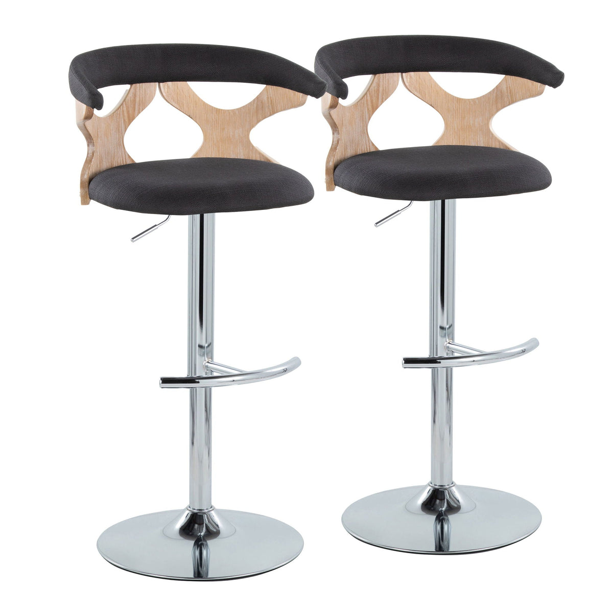 Two contemporary adjustable barstools with black cushions, wooden backs, and chrome bases on Tampa Home & Garden Store