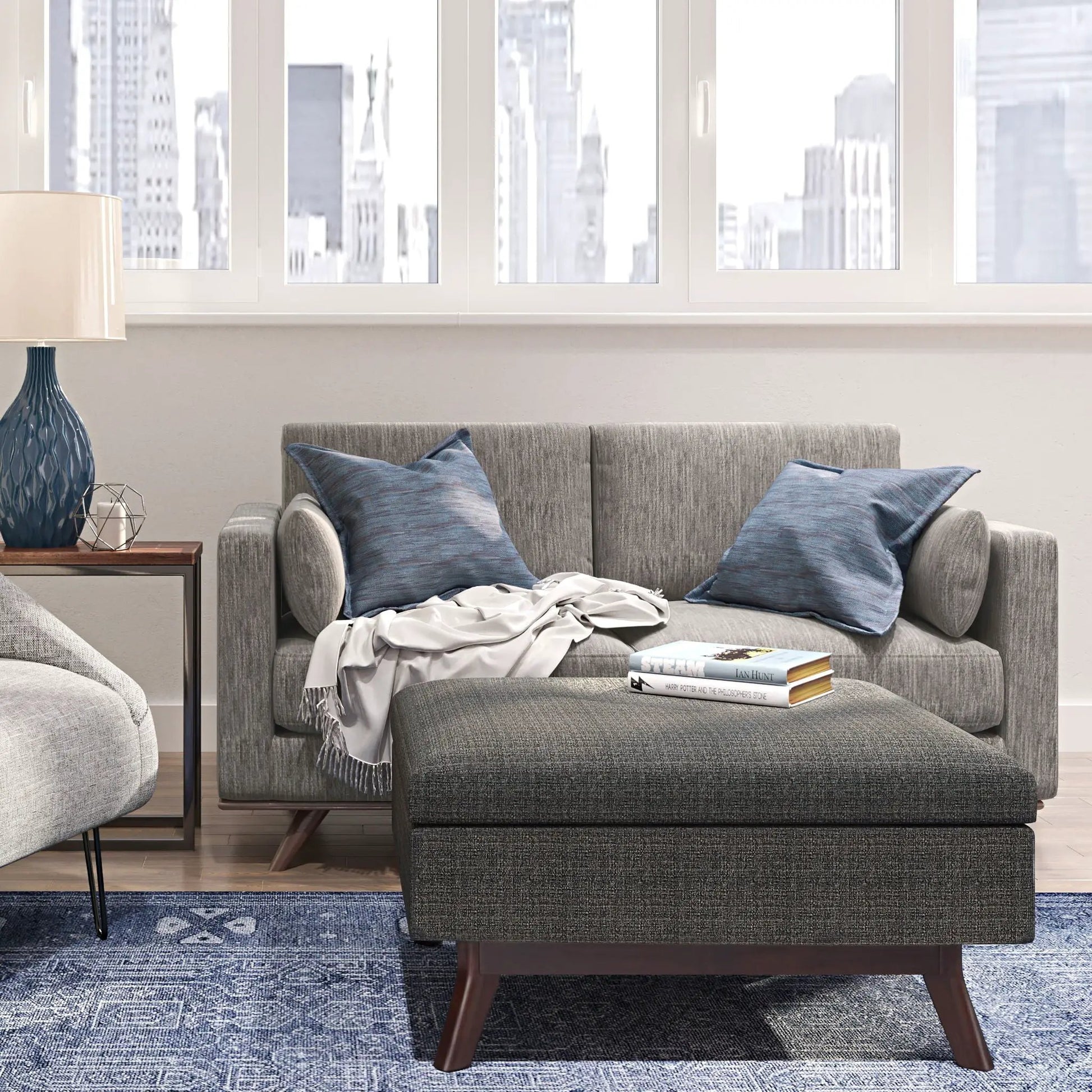 Owen upholstered rectangular storage ottoman gray fabric with wood legs Unique Piece Furniture on Tampa Home & Garden Store