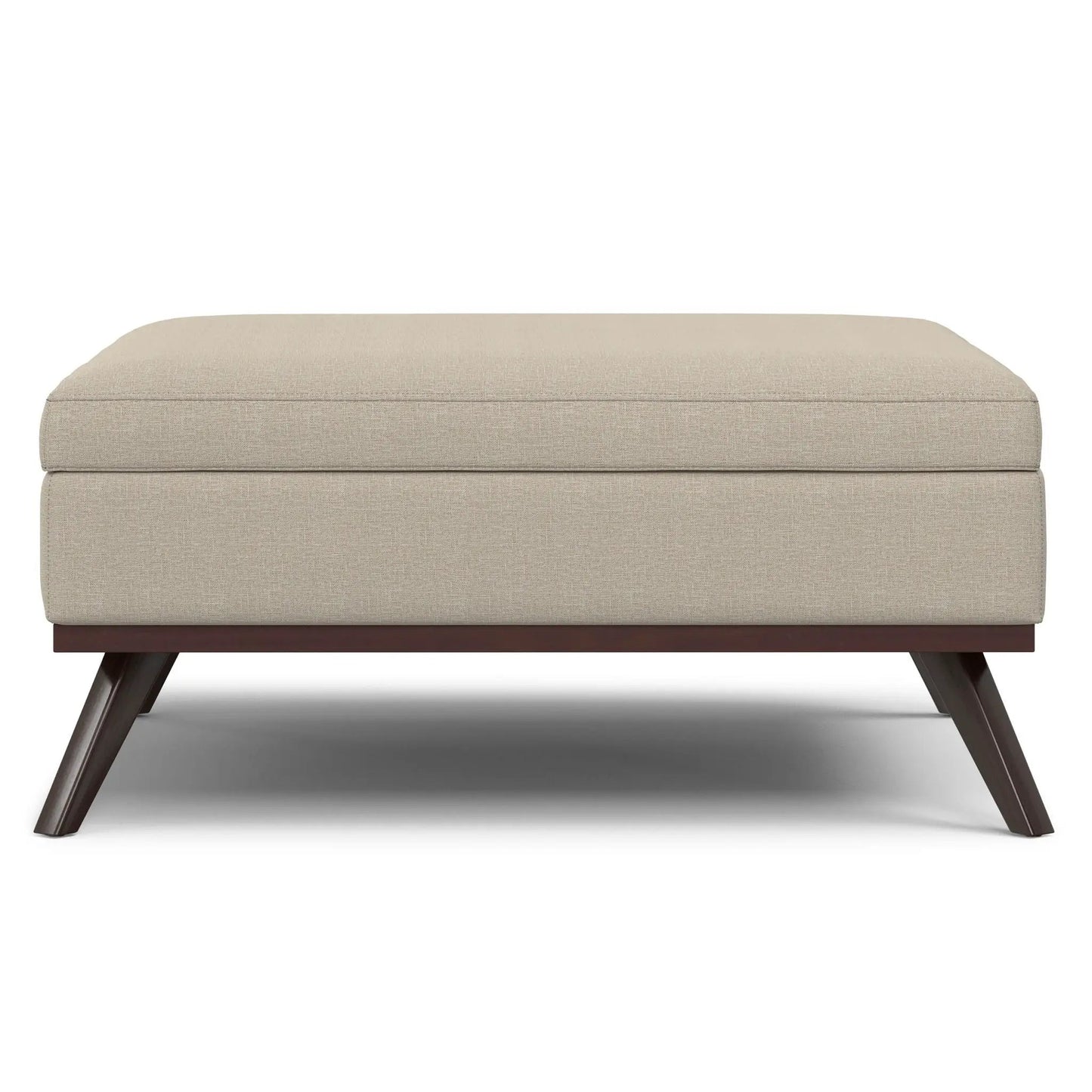Owen multifunctional square coffee table storage ottoman beige fabric with dark wood legs on Tampa Home & Garden Store