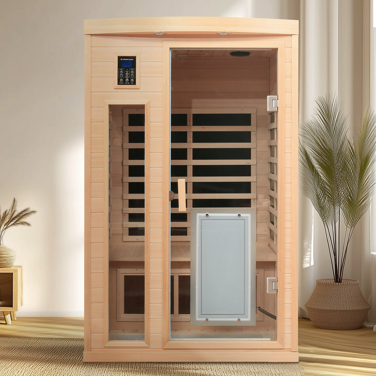 Two-person low EMF hemlock wood sauna with glass door Bluetooth panel HouseOfZazla on Tampa Home & Garden Store