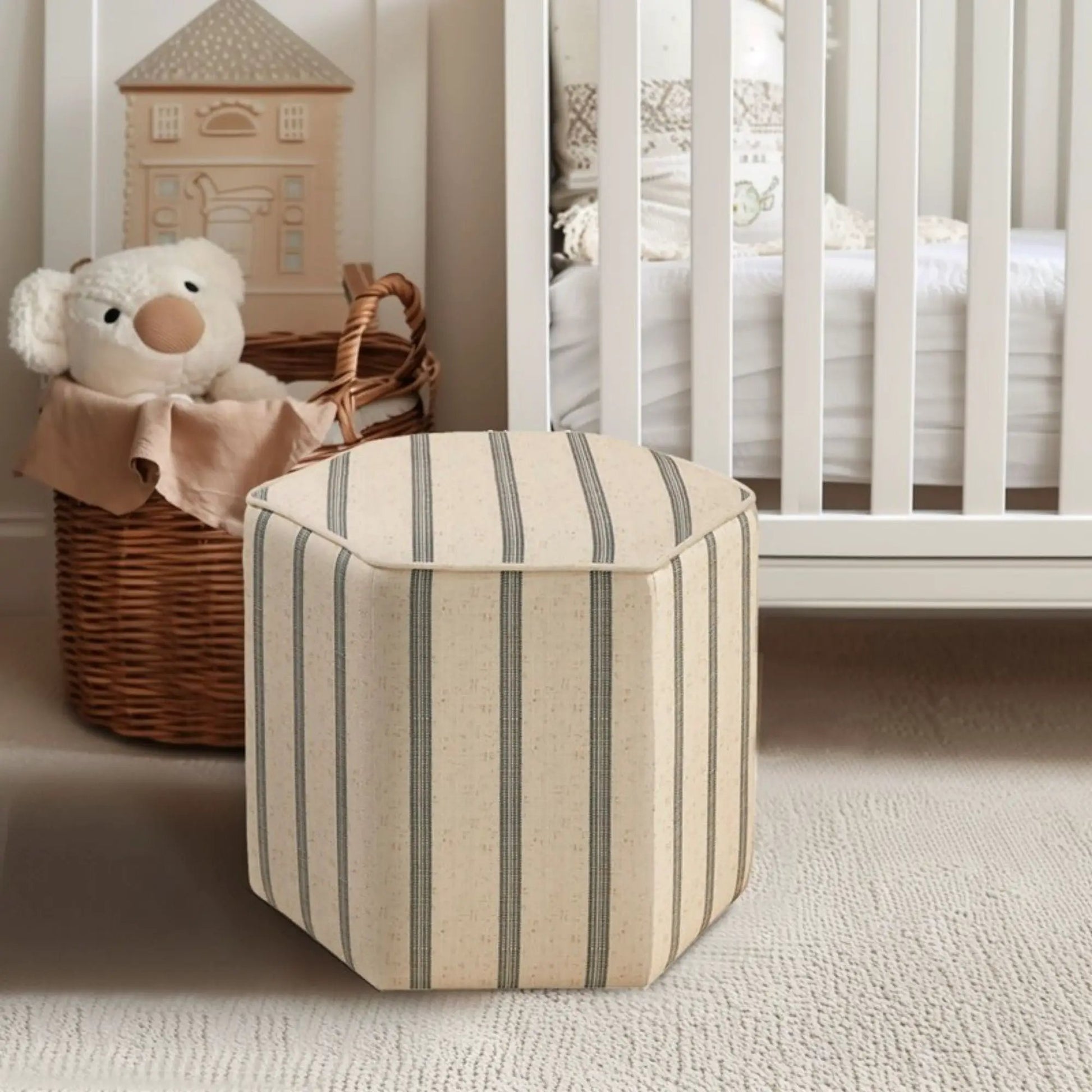 Accent Ottoman Printed Stripe beige fabric with blue stripes Unique Piece Furniture on Tampa Home & Garden Store