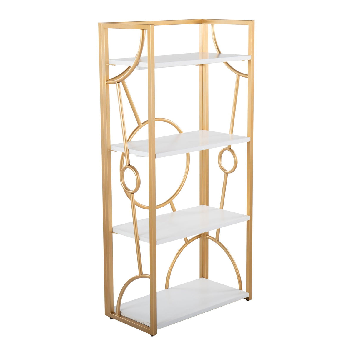 Contemporary etagere bookcase with four white wood shelves and gold frame by HouseOfZazla on Tampa Home & Garden Store