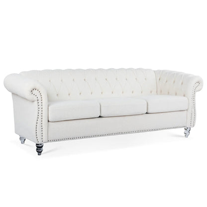 Rolled Arm Chesterfield 3-Seater Sofa white fabric with tufted back Unique Piece Furniture sofa on Tampa Home & Garden Store