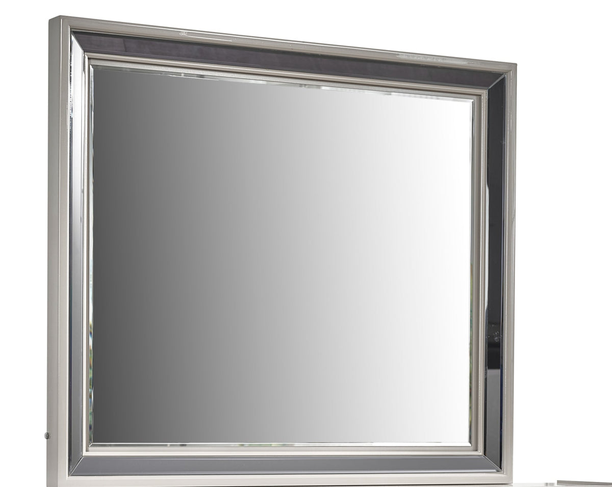 Vanity mirror with a polished silver chrome frame and beveled edges on Tampa Home & Garden Store
