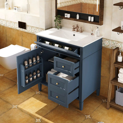 Bathroom vanity with top sink, blue cabinet, 2 drawers & tip-out drawer, copper faucet on Tampa Home & Garden Store