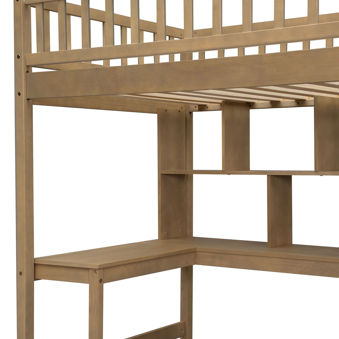 Loft bed with built-in L-shaped desk in natural wood finish by HouseOfZazla on Tampa Home & Garden Store