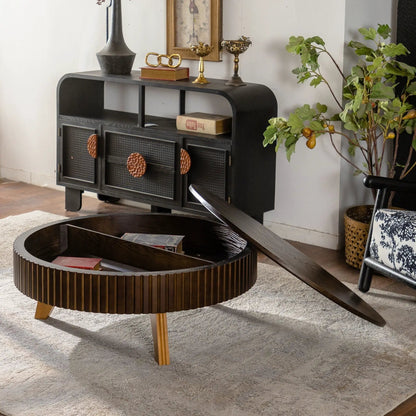 Round Retro Coffee Table with Solid Wood Legs