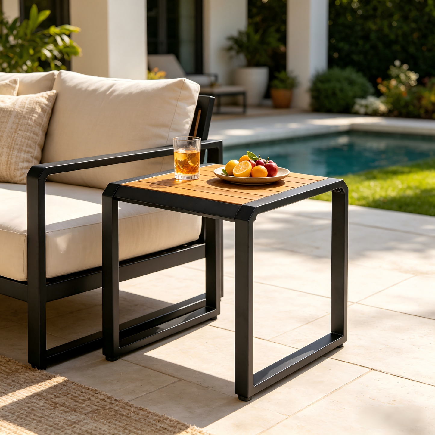 Outdoor Side Table with Black Metal and Wood Top