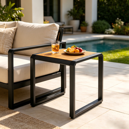 Outdoor Side Table with Black Metal and Wood Top