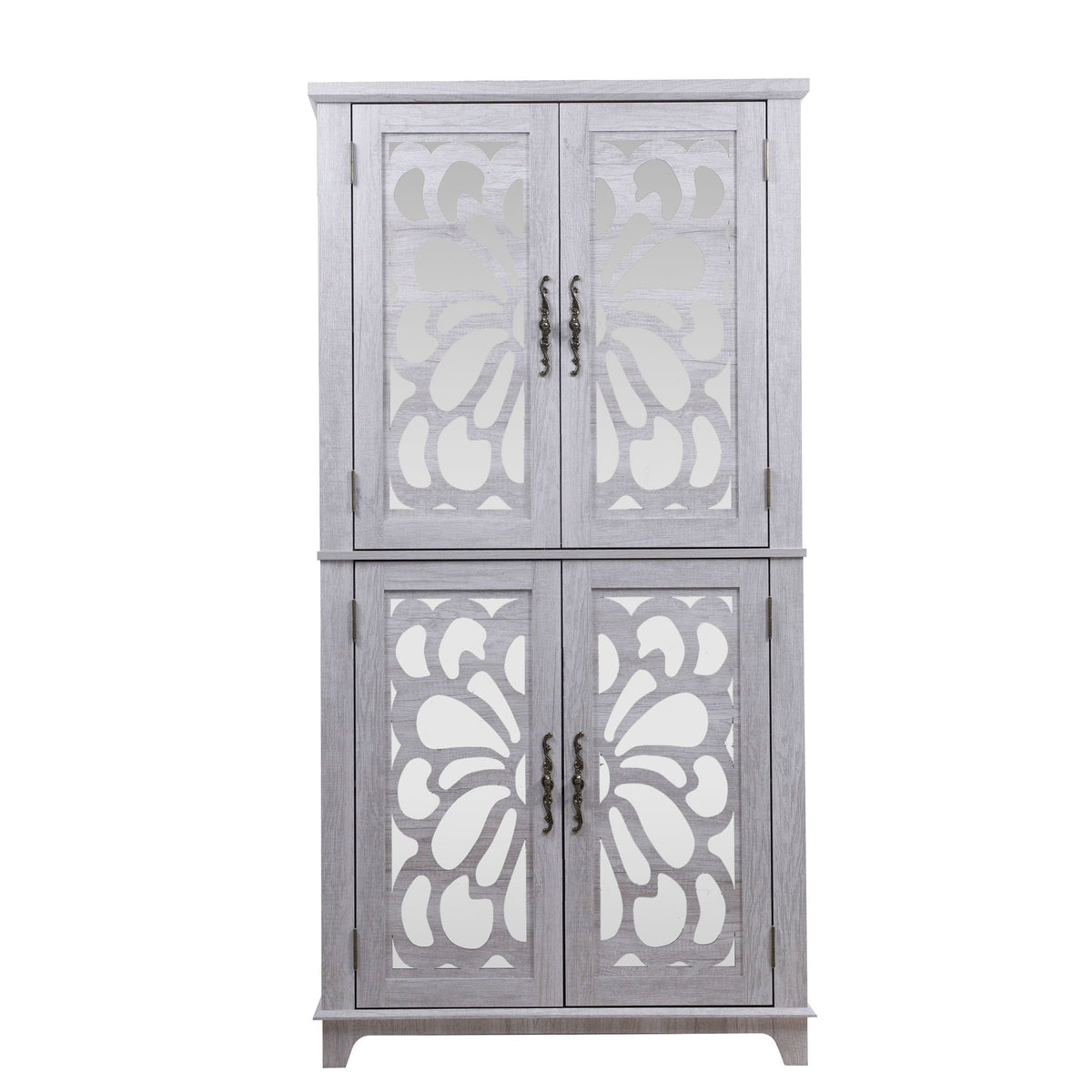 Modern sideboard buffet with mirrored doors, decorative fretwork panels, grey wash finish, adjustable shelves on Tampa Home & Garden Store